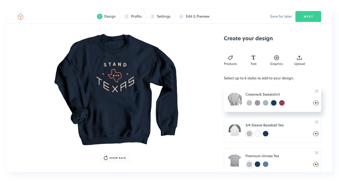 Bonfire’s design tool makes it easy to sell shirts online featuring your custom artwork or free graphics.