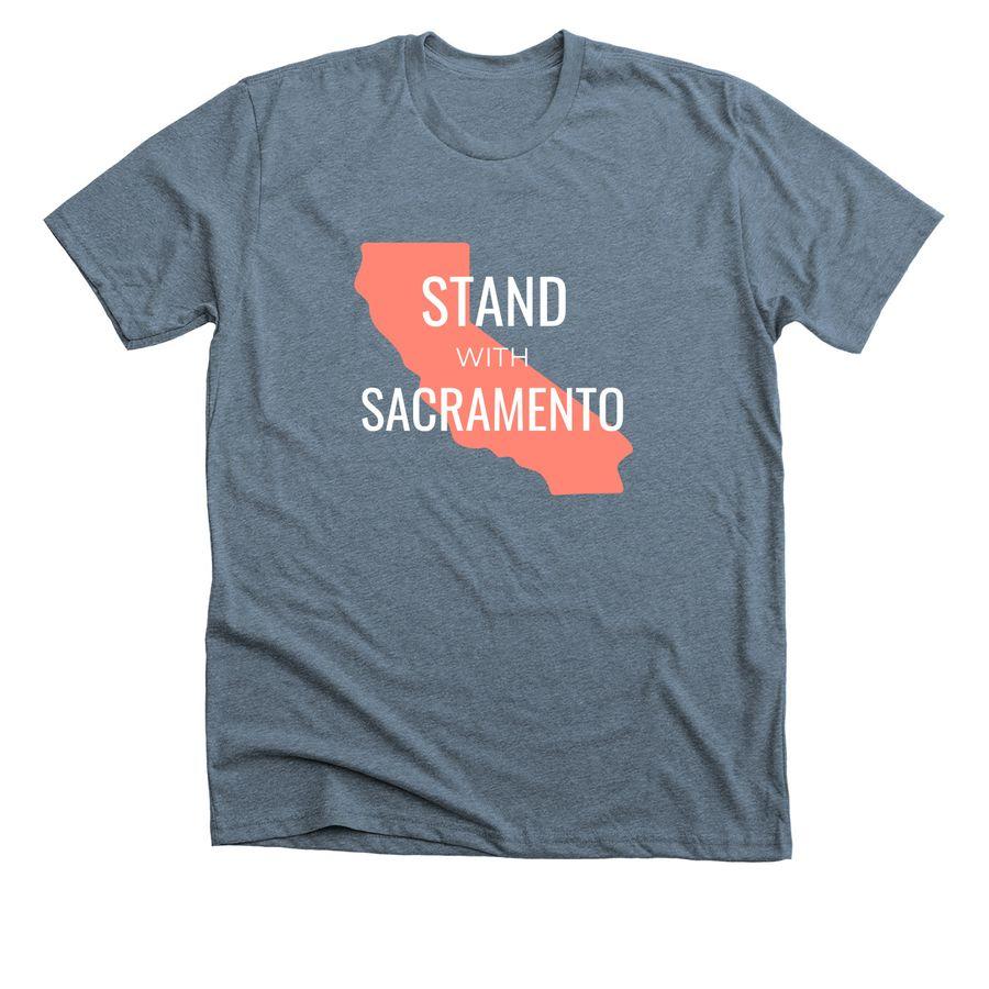 An indigo shirt with a California graphic and text that reads  "Stand with Sacramento".