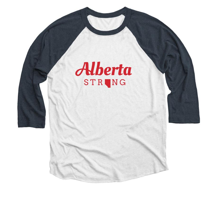 An indigo and heather white baseball shirt with alberta image and alberta strong text