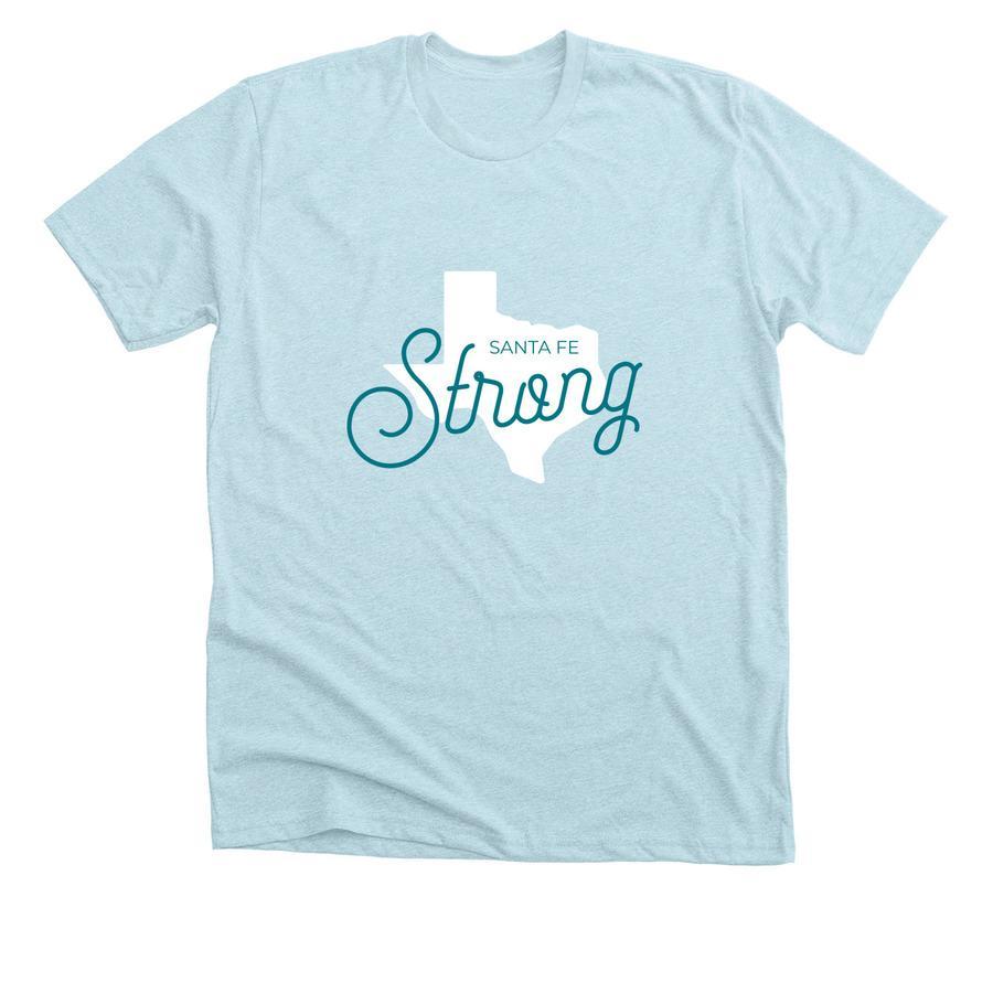 A disaster relief shirt design with a graphic of Texas and text that reads, "Santa Fe Strong"