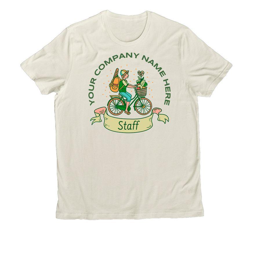 White Sand, Bright White Allmade Organic Cotton Unisex Tee, I Like You Blue, Vintage Rose, Bright White  Allmade Eco Triblend Unisex Tee with bicycle illustration, text placeholders and text: Staff