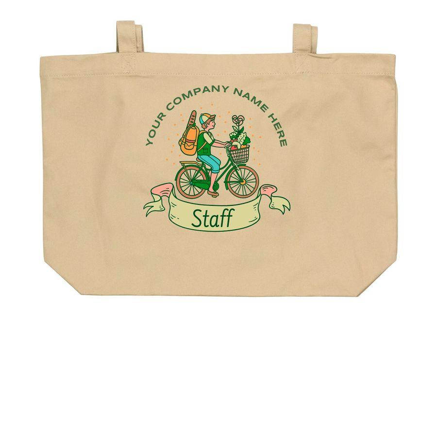 Navy Premium Tote Bag, Oyster Large Organic Cotton Tote Bag with bicycle illustration, text placeholders and text: Staff