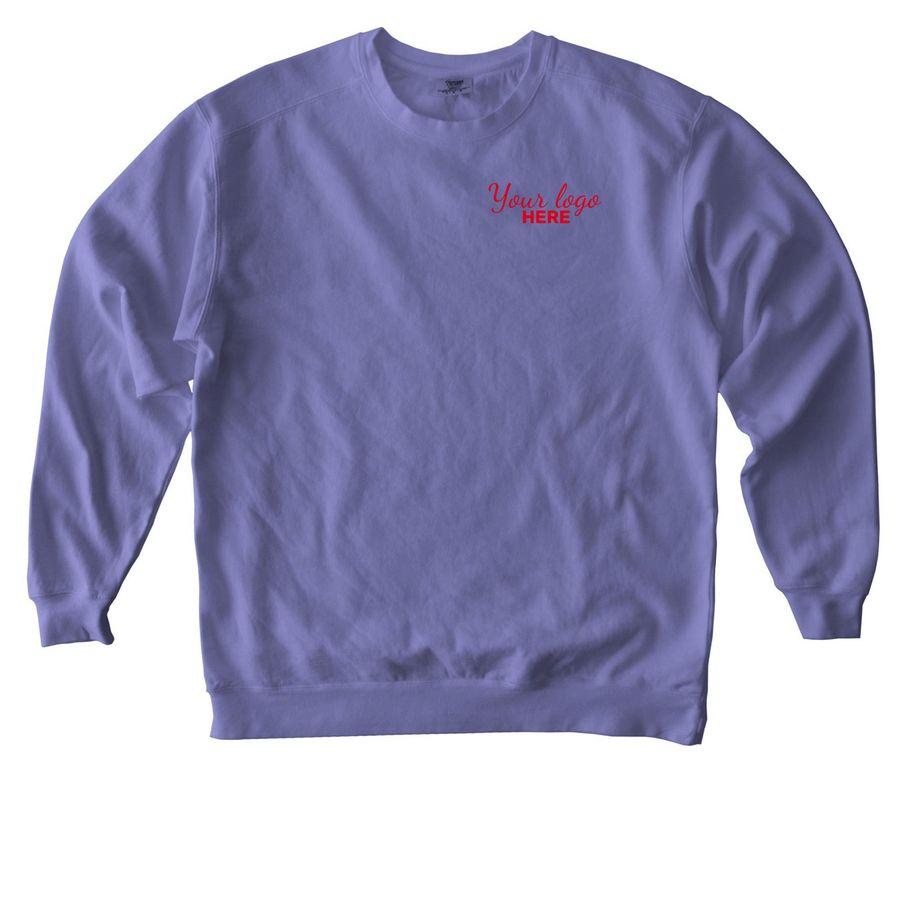 Blossom pink, Butter Yellow, White Comfort Colors Unisex Tee, Violet, Butter White Comfort Colors Crewneck Sweatshirt with pocket logo placeholder and back illustration of heart with the text: Our Staff is all heart