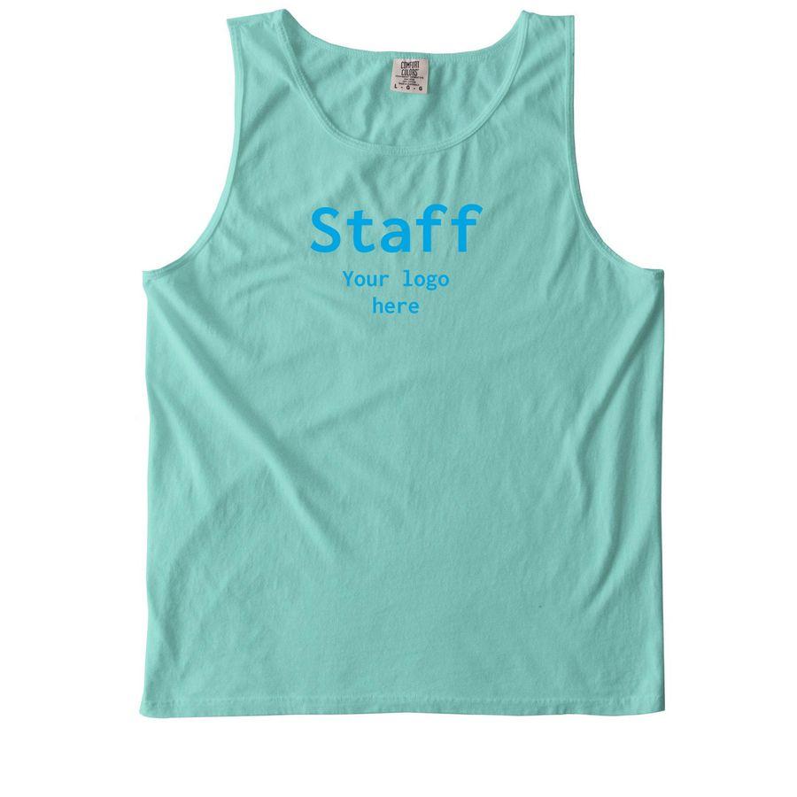 Black, Pepper, Violet, Island Reef green Comfort Colors Unisex Tee, Black, Pepper, Violet, Chalky Mint blue Comfort Colors Tank Top, Black and White Softstyle Crewneck Sweatshirt with chest logo placeholder and text "Staff" and "How can I help?"