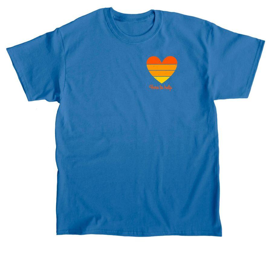 Dark Heather Grey Premium Unisex Tee, Saphire, Jade Dome green Classic Unisex Tee, Butter yellow, Ivory Comfort Colors Unisex Tee, Charcoal Softstyle Pullover Hoodie with pocket heart illustration and text: "Here to help" and "Staff"