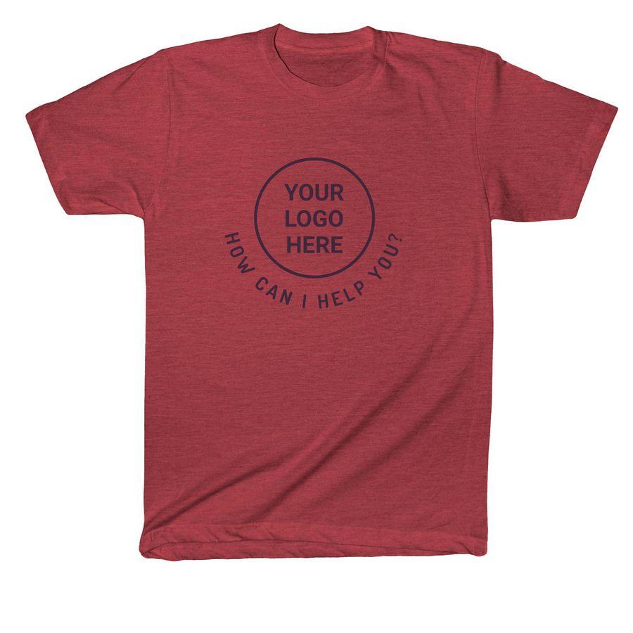 Heather Cardinal, Heather Blush, White American Apparel Cotton Blend Tee, Asphalt grey, White American Apparel Fine Jersey Cotton Tee, White American Apparel Heavyweight Long Sleeve Cotton Tee with chest logo placeholder and text: "How can I help you" and "Staff"