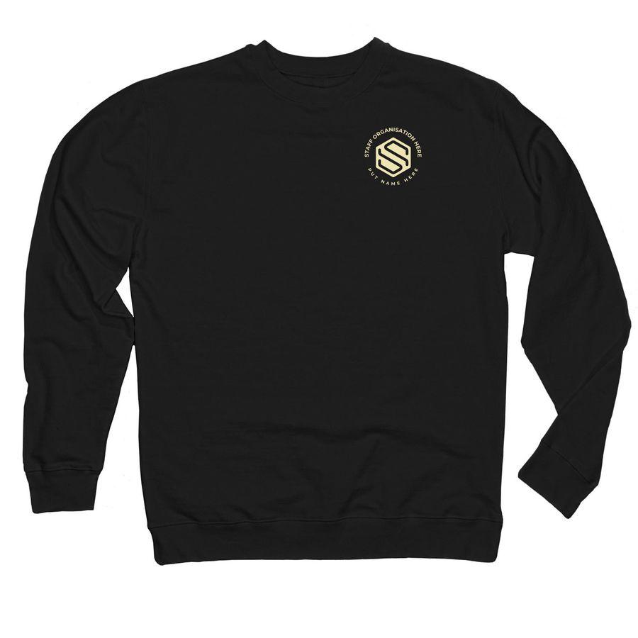Black, True Navy, Royal, Military Green, Burgundy American Apparel Heavyweight Cotton Tee, Black and Maroon Midweight Crewneck Sweatshirt with logo and text placeholder on pocket and back and text: Staff