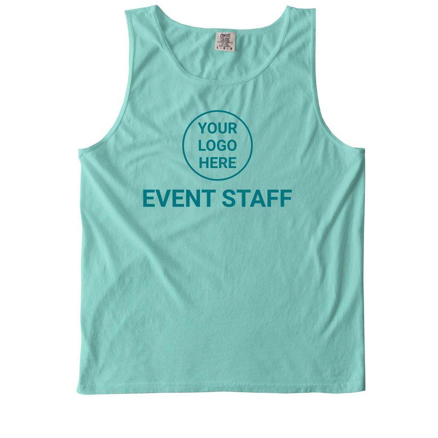 Chalky Mint, Seafoam teal, Violet Comfort Colors Unisex Tee, Chalky Mint Comfort Colors Tank Top, Seafoam teal, Island Reef Violet Comfort Colors Long Sleeve Tee with chest logo placeholder and text: "Event Staff"