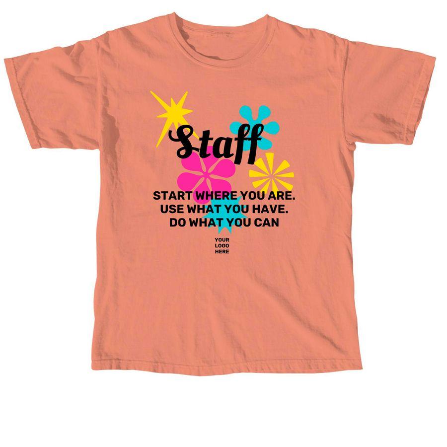 Dark Heather Grey, Orange, White Premium Unisex Tee, Terracotta and White Comfort Colors Unisex Tee, Sport Grey and White Softstyle Crewneck Sweatshirt with colorful elements, logo placeholder and text: "Volunteer" and "START WHERE YOU ARE. USE WHAT YOU HAVE. DO WHAT YOU CAN."