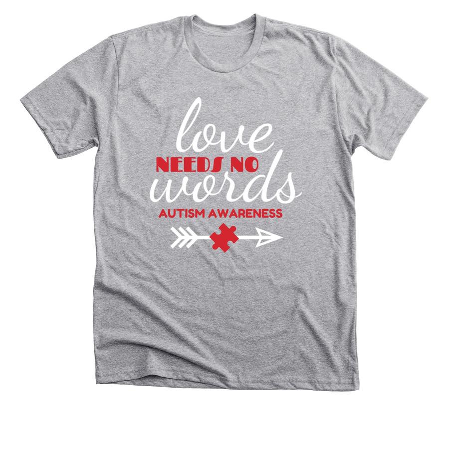 Grey autism awareness t-shirt design with the quote "love needs no words"