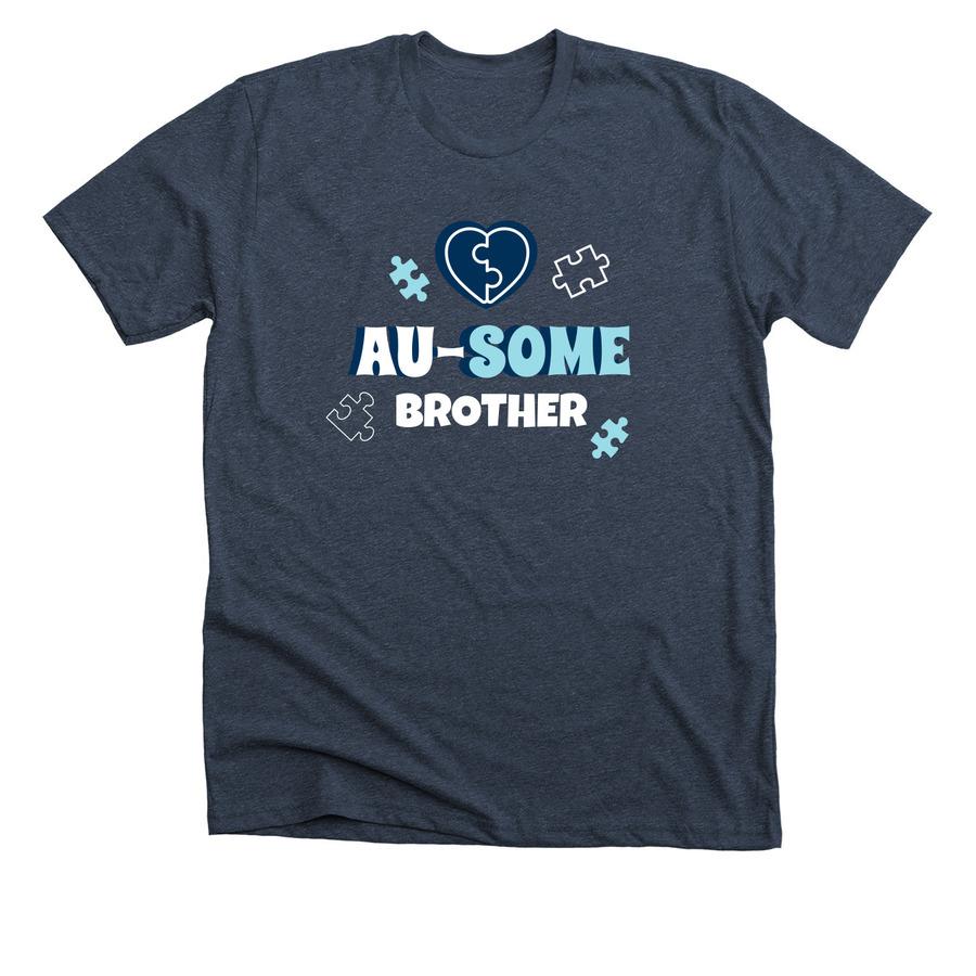 White autism awareness t-shirt design with a face and text saying "Au-some brother"