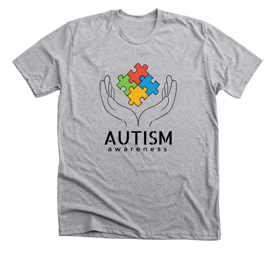 Grey autism awareness shirt with puzzle piece and message saying "be kind"