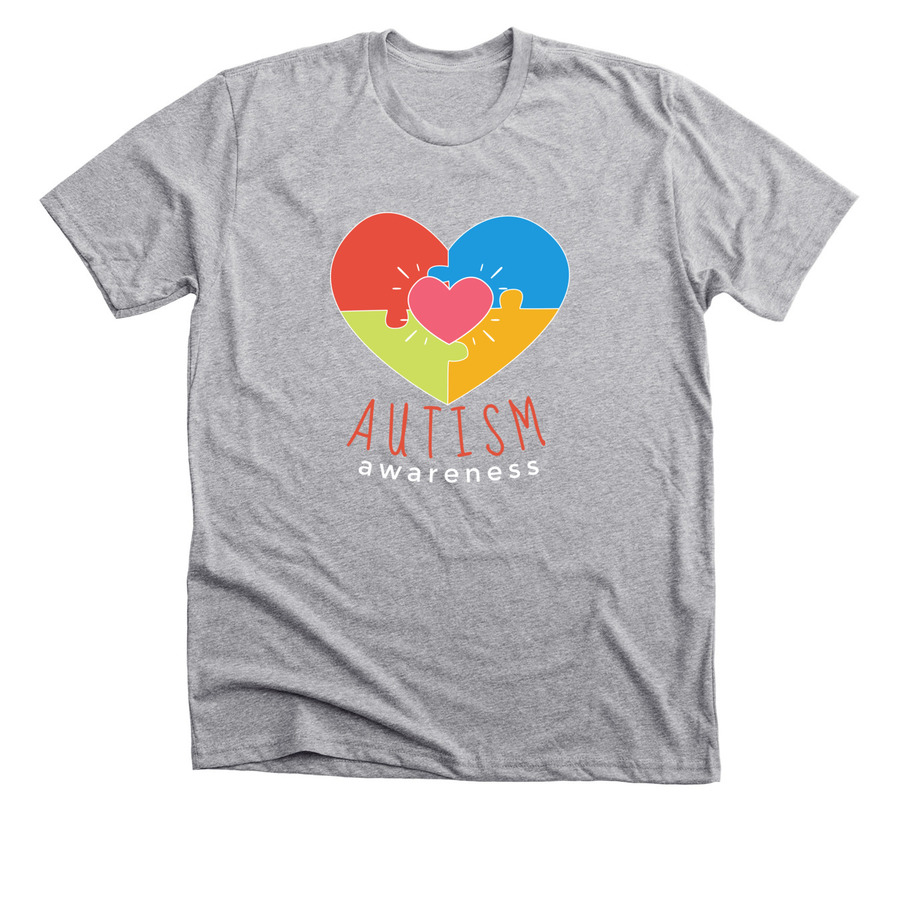 Grey autism awareness t-shirt design with heart-shaped puzzle and heart