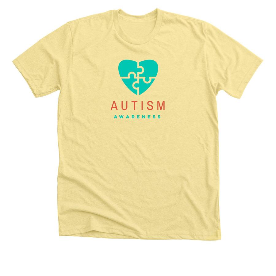 Grey autism awareness t-shirt design with colorful heart-shaped puzzle