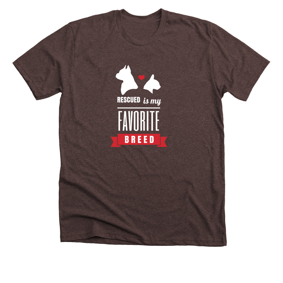 espresso shirt with rescued is my favorite breed text and dog and cat head images
