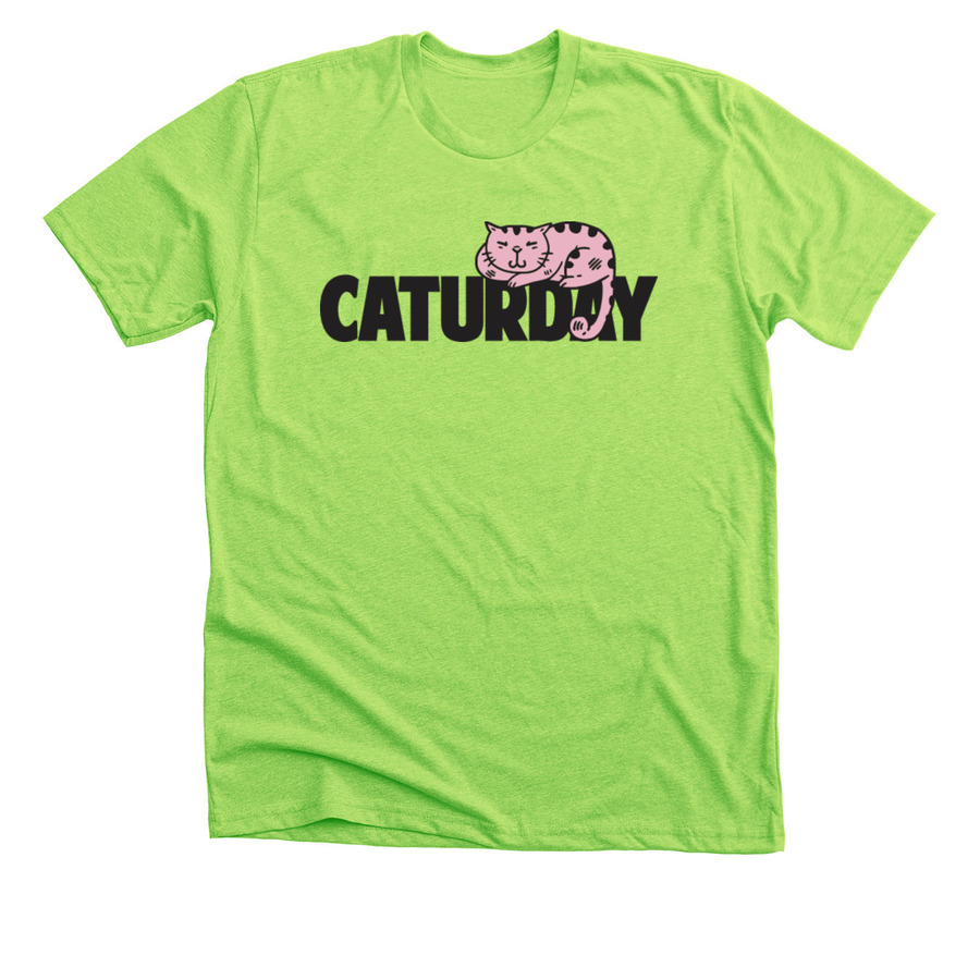 neon green shirt with caturday text and cat image