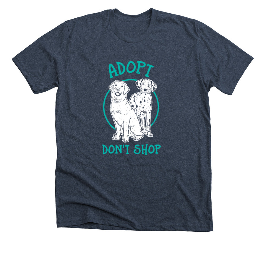 midnight navy shirt with adopt don't shop text and 2 white dog images