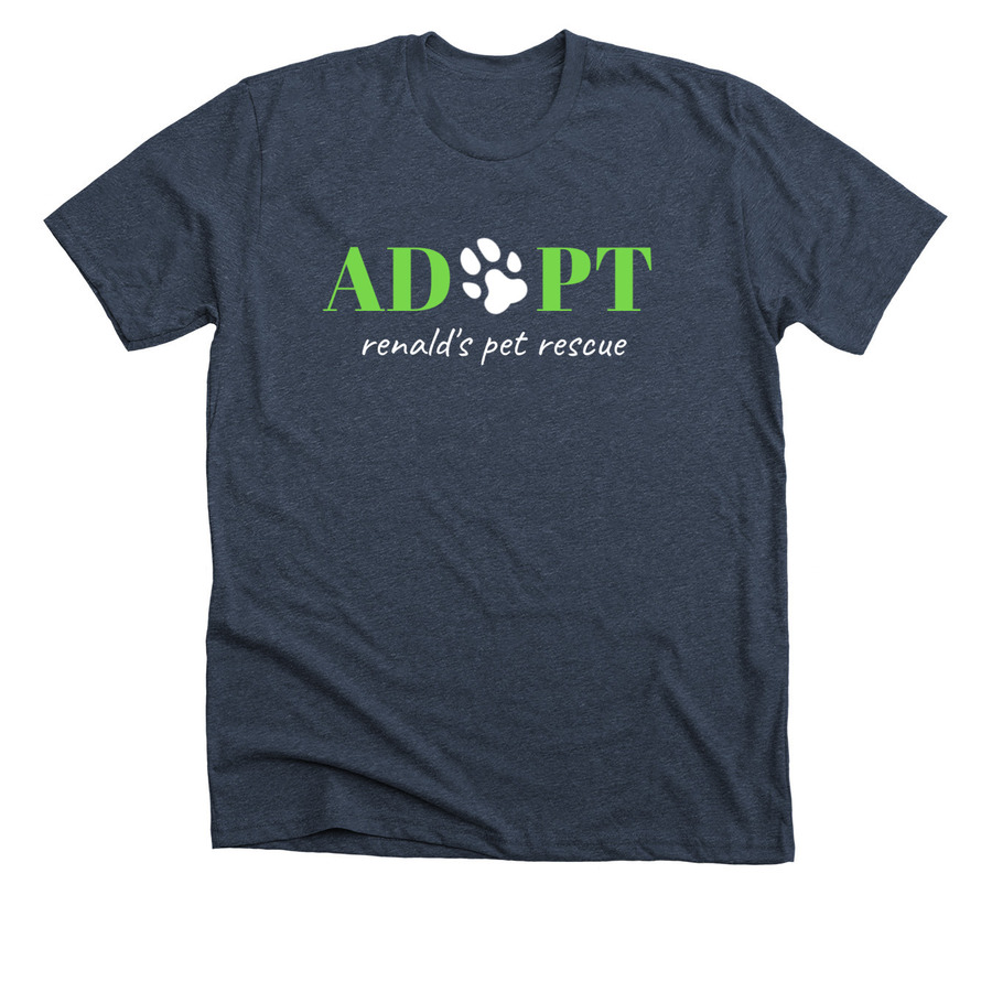 navy shirt with adopt ronald's pet rescue text and paw print image