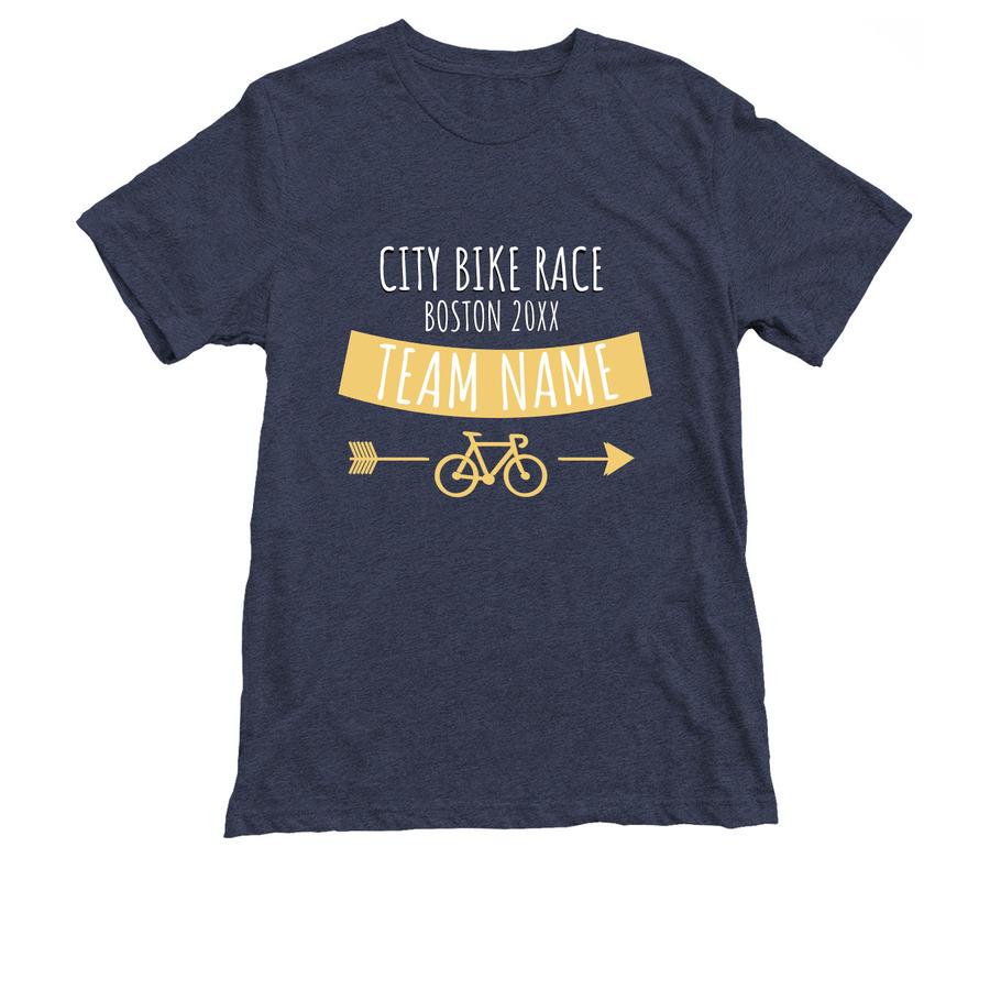 A purple cycling shirt that says, "City bike race - Boston".