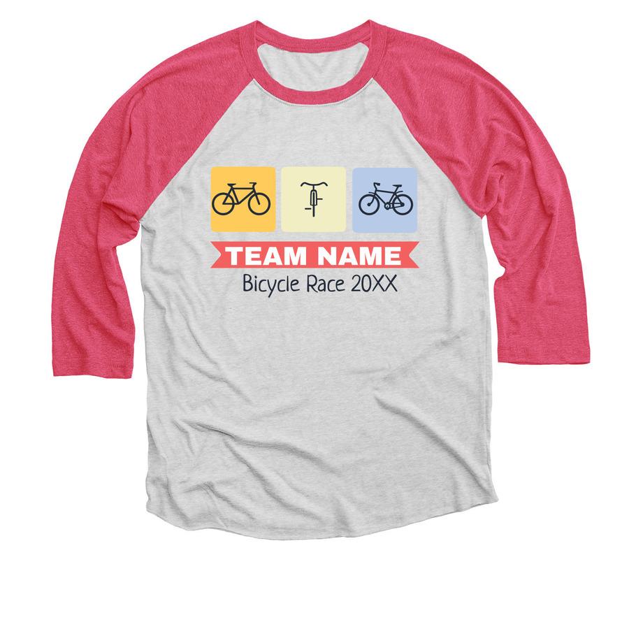 A pink and grey cycling shirt that says with 3 bike graphics and icons.