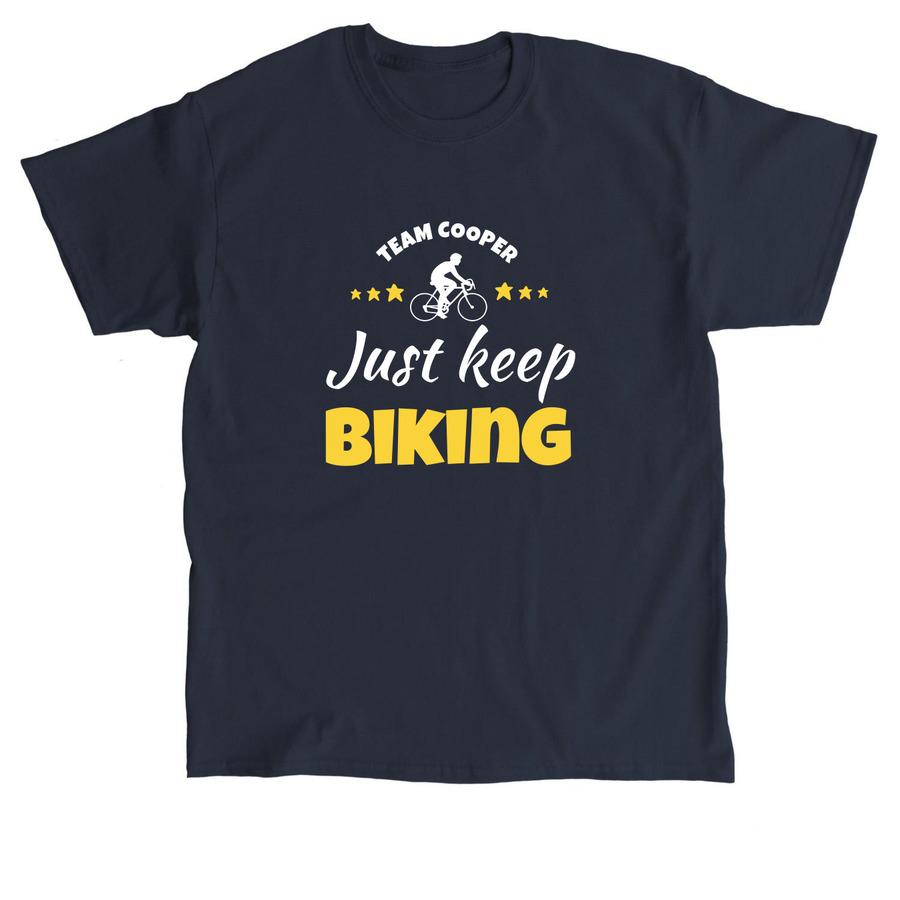 A navy blue cycling shirt that says, "Just keep biking".