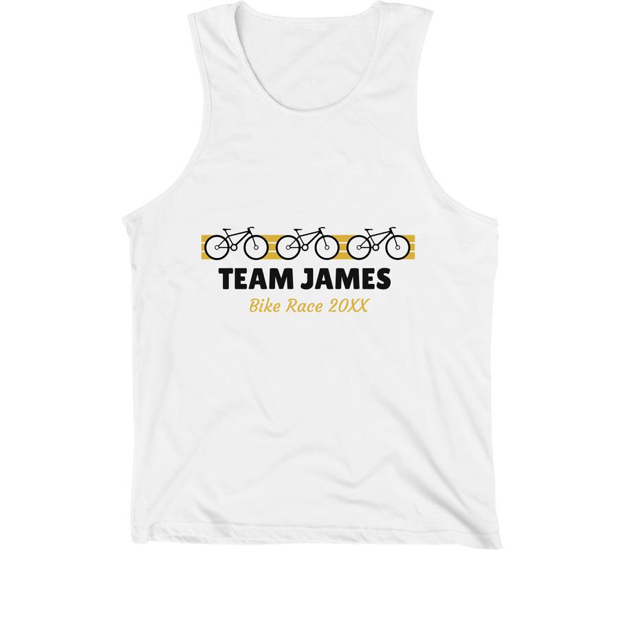 A white cycling tank top that says, "Team James bike race".