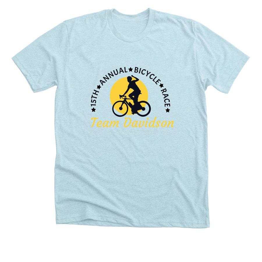 A light blue cycling shirt that says, "15th annual bike race".
