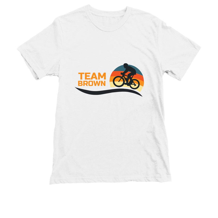 A white cycling shirt that says, "Team Brown bike race shirt".