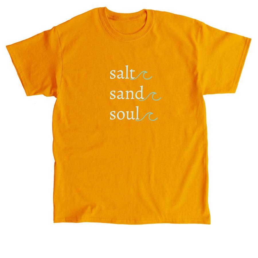 A gold summer t-shirt design that says, "Salt, sand, soul".
