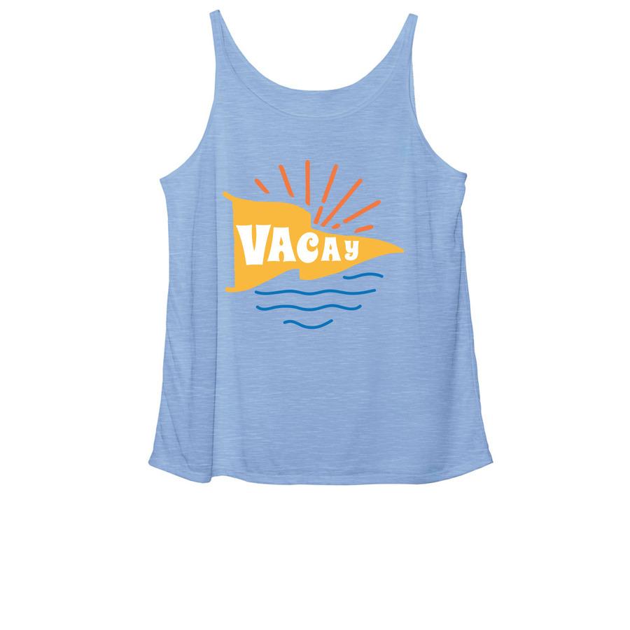 A light blue summer tank top that says, "Vacay".