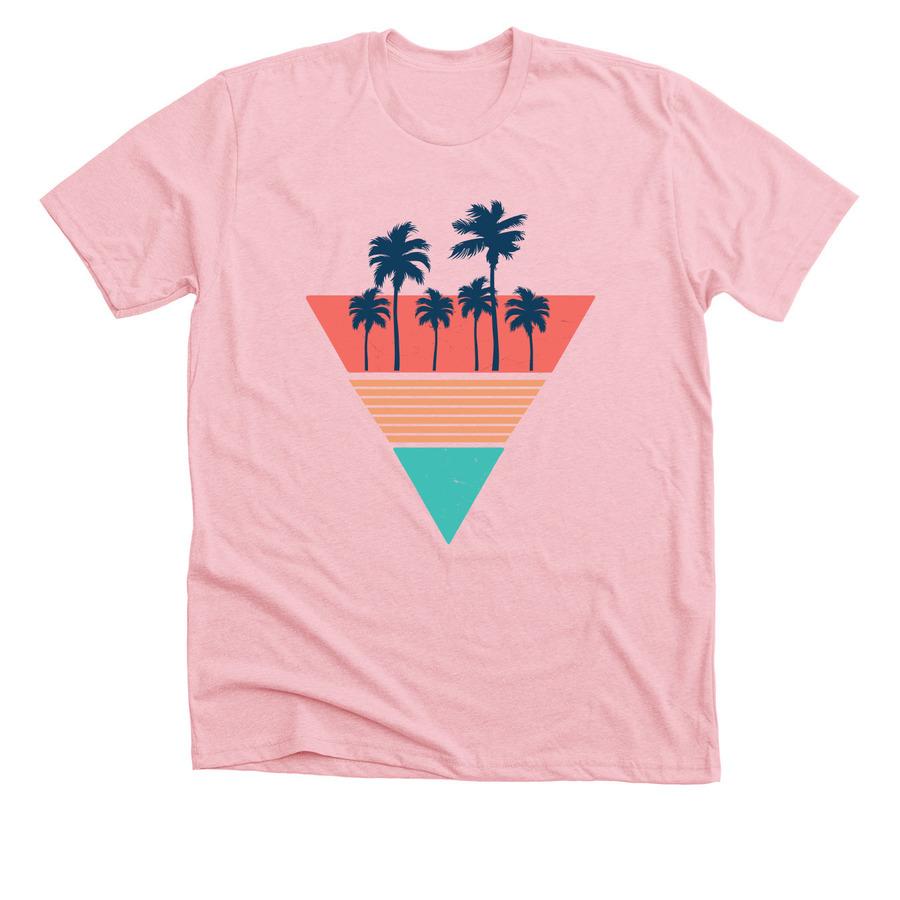 A pink summer t-shirt design with a retro look and palm tree graphics
