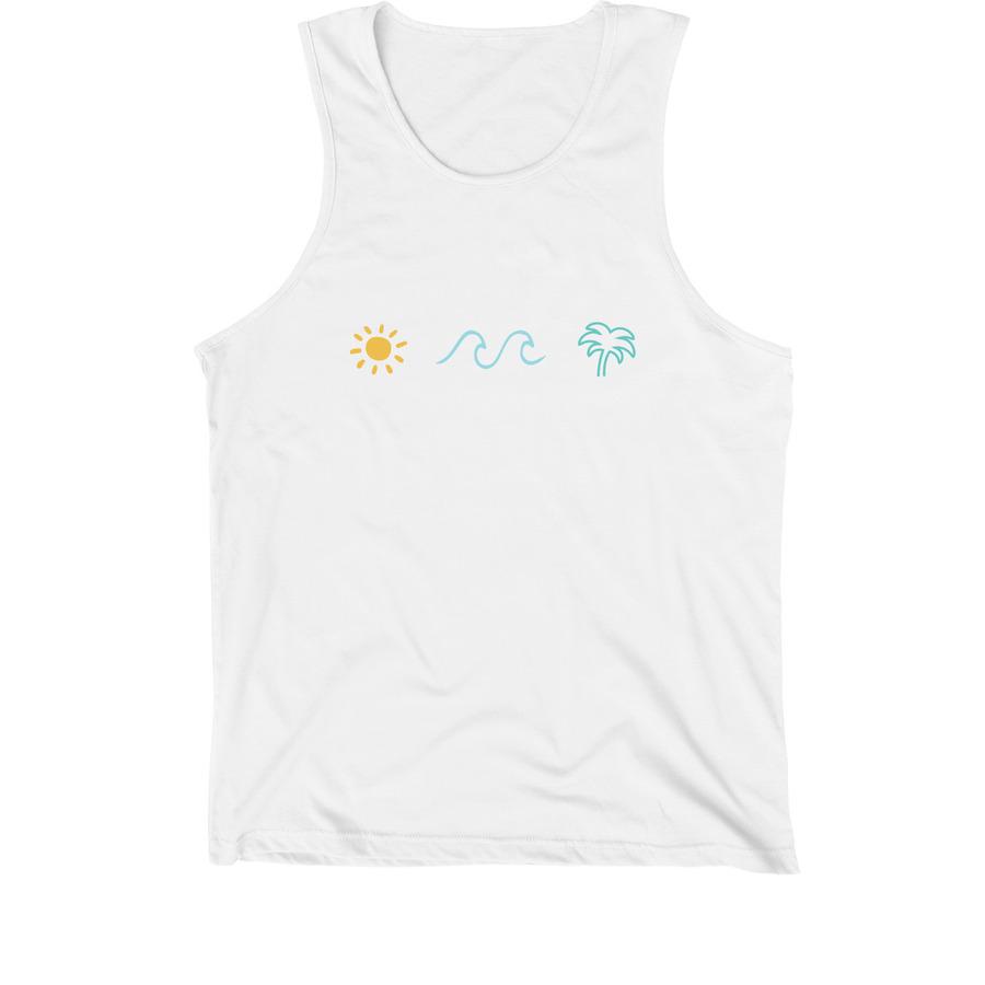 A white summer tank top that has a graphic for a sun, wave, and a palm tree.