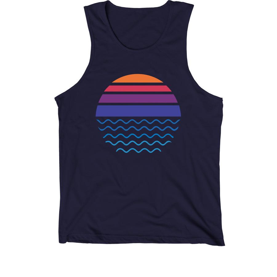 A black summer tank top design with a minimalist graphic for the sun and ocean.