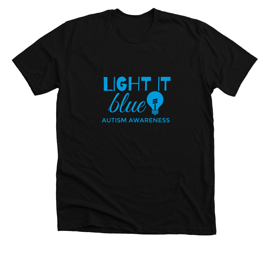 Black autism awareness t-shirt design with text saying "light it blue"