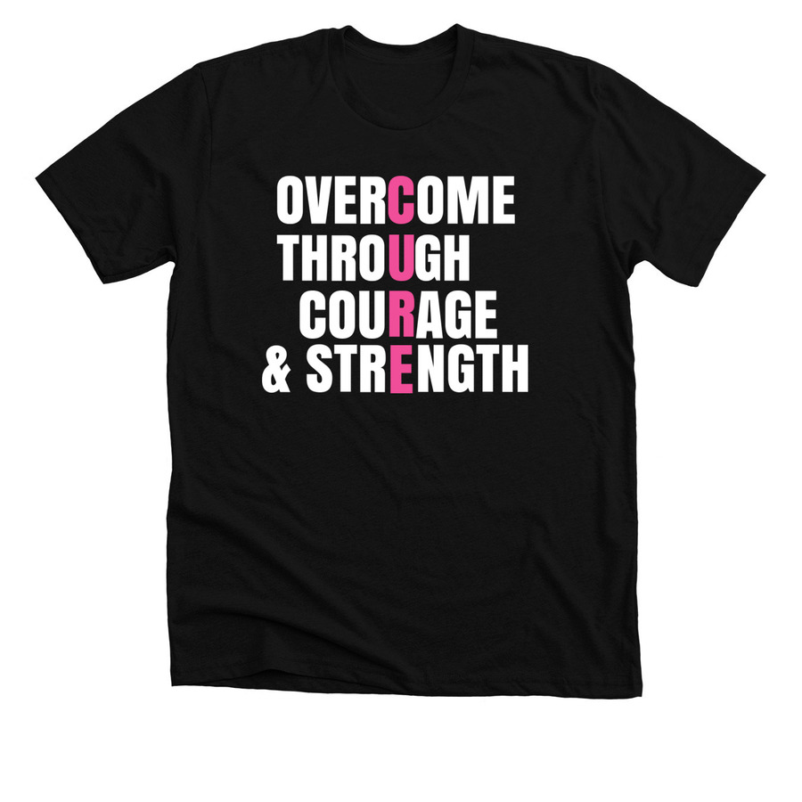 Black breast cancer awareness t-shirt design with text saying "overcome through courage and strength" with "cure" highlighted in pink