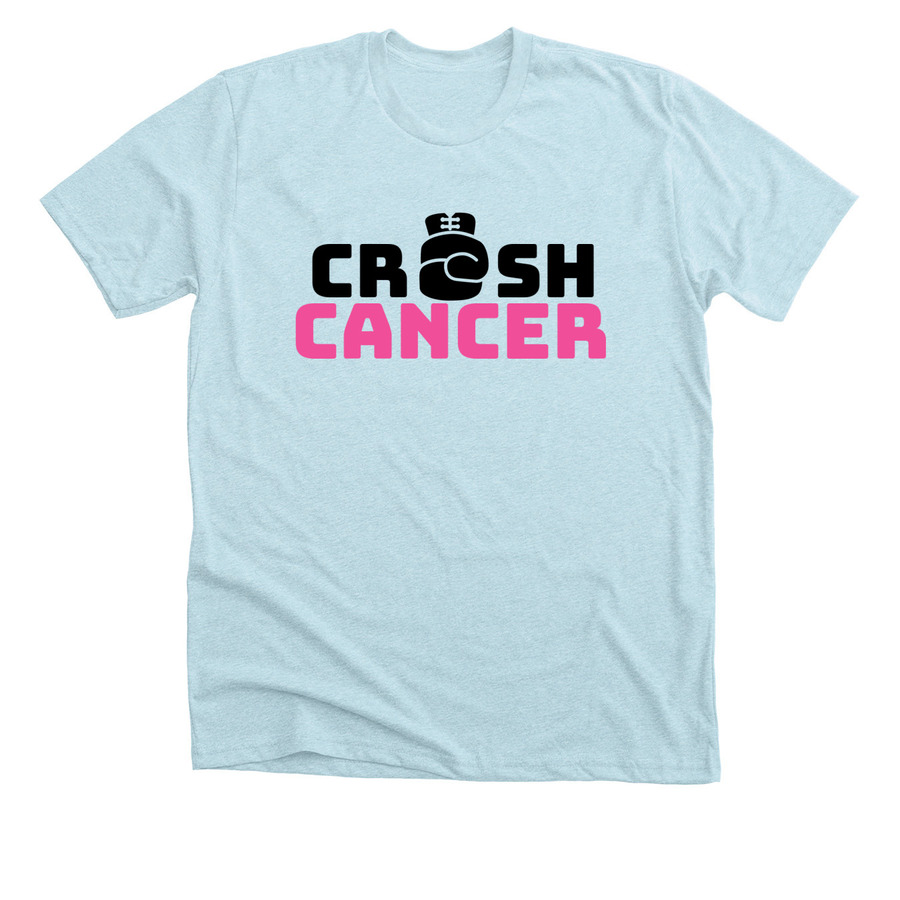 Light blue breast cancer awareness t-shirt design with text saying "crush cancer"