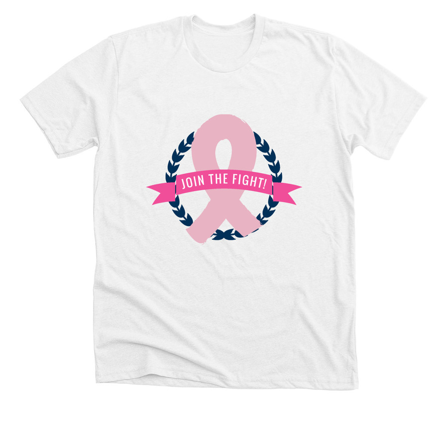 White breast cancer awareness t-shirt design with text saying "join the fight!"