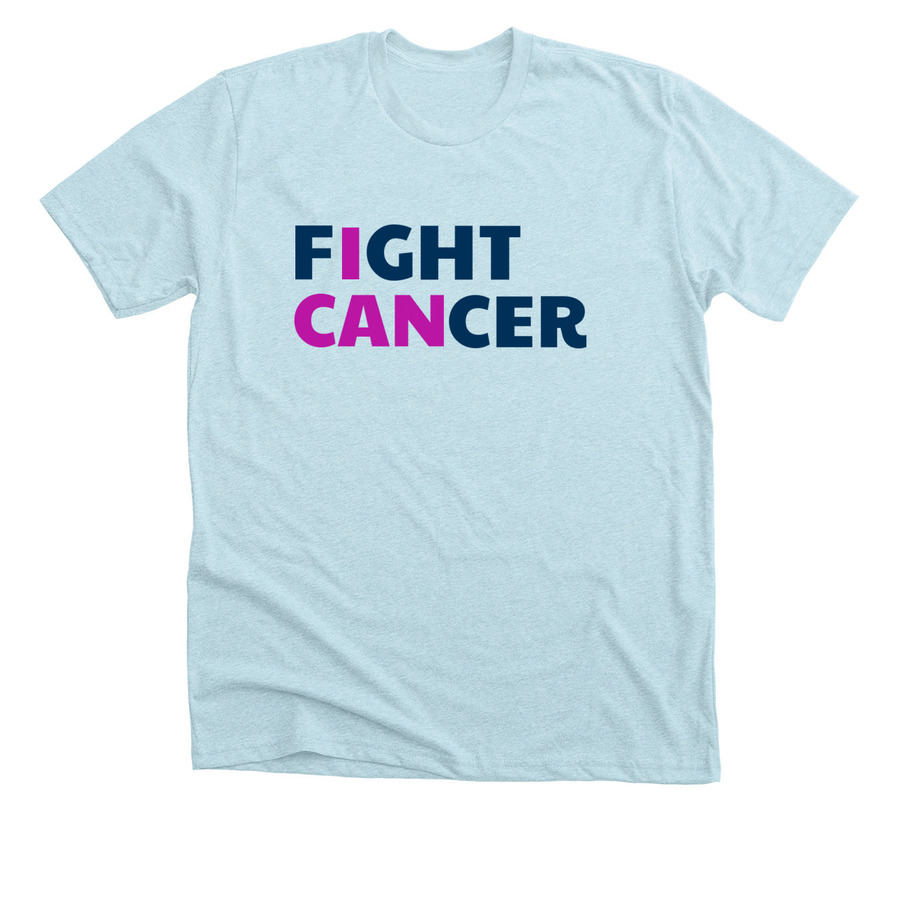 Light blue cancer awareness t-shirt design with text saying "fight cancer" in dark blue and "I can" hihglighted in pink