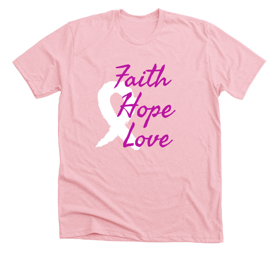 Light pink cancer awareness t-shirt design with text saying "faith hope love"