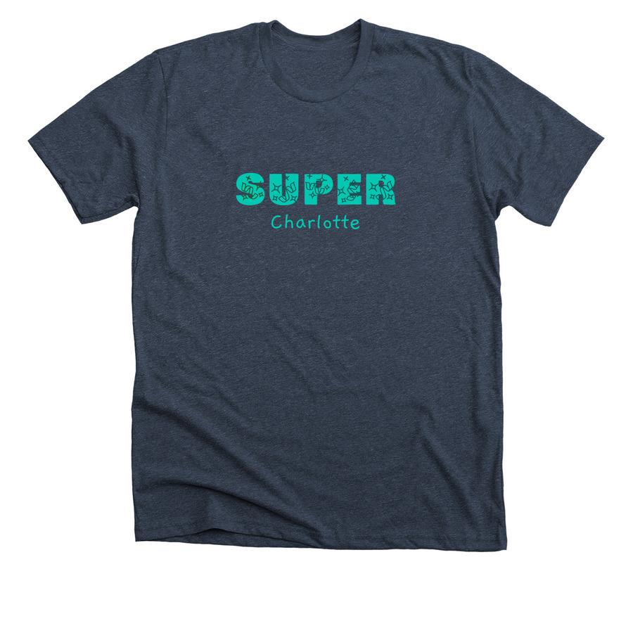 midnight superhero navy shirt with super charlotte text and lightning bolts