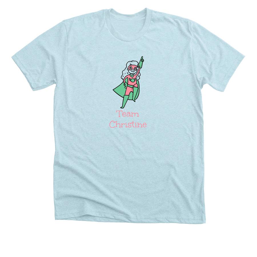 ice blue superhero shirt with team christine text and female superhero image