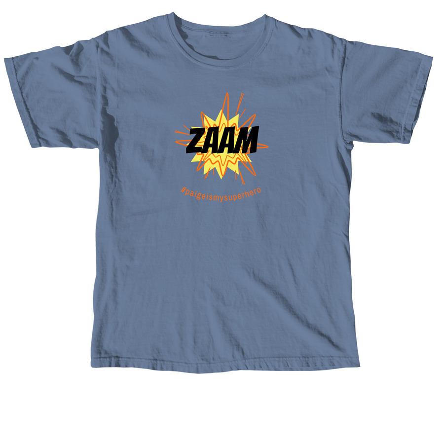 navy blue superhero shirt with text that says "zaam", and a yellow and orange burst graphic.