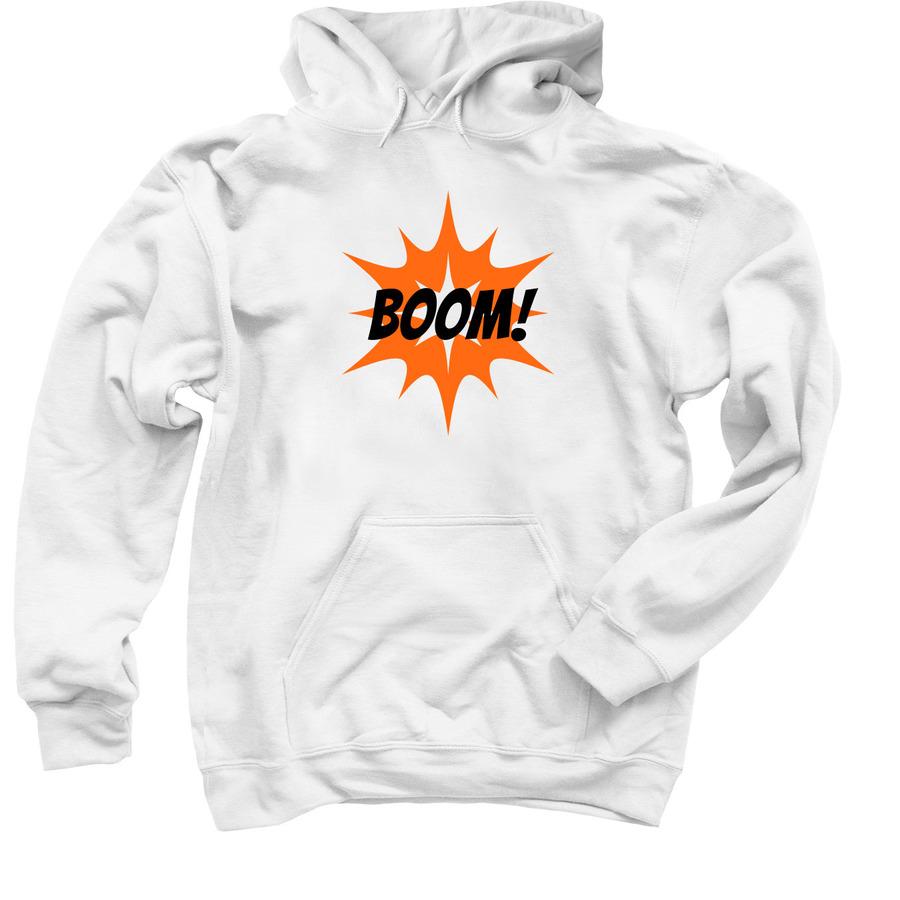 white superhero shirt with boom text and orange sunburst