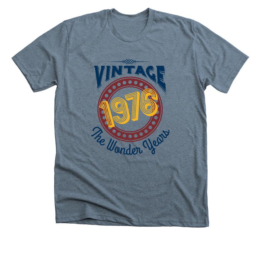Indigo or white birthday t-shirt design with text saying "vintage" and "the wonder years"