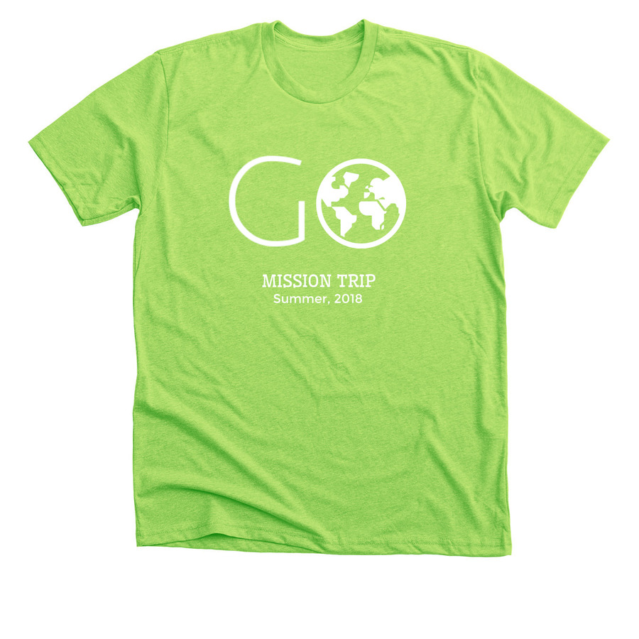 neon green shirt with earth image and go mission trip text