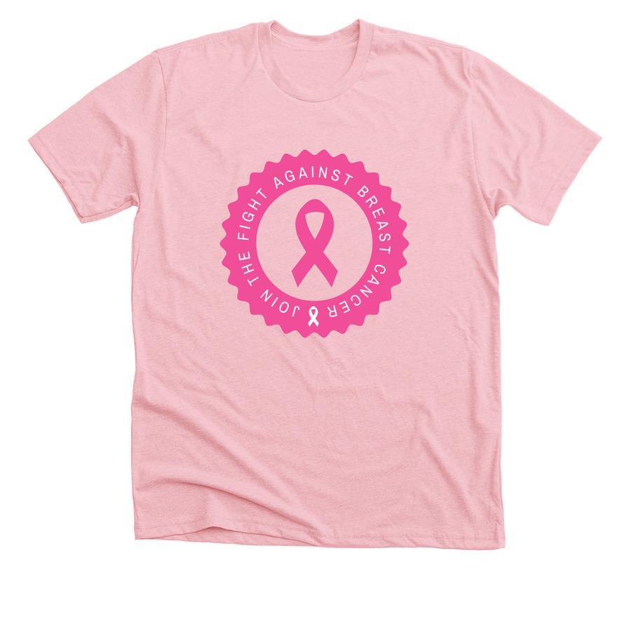 White breast cancer awareness t-shirt design with text saying "join the fight against breast cancer"
