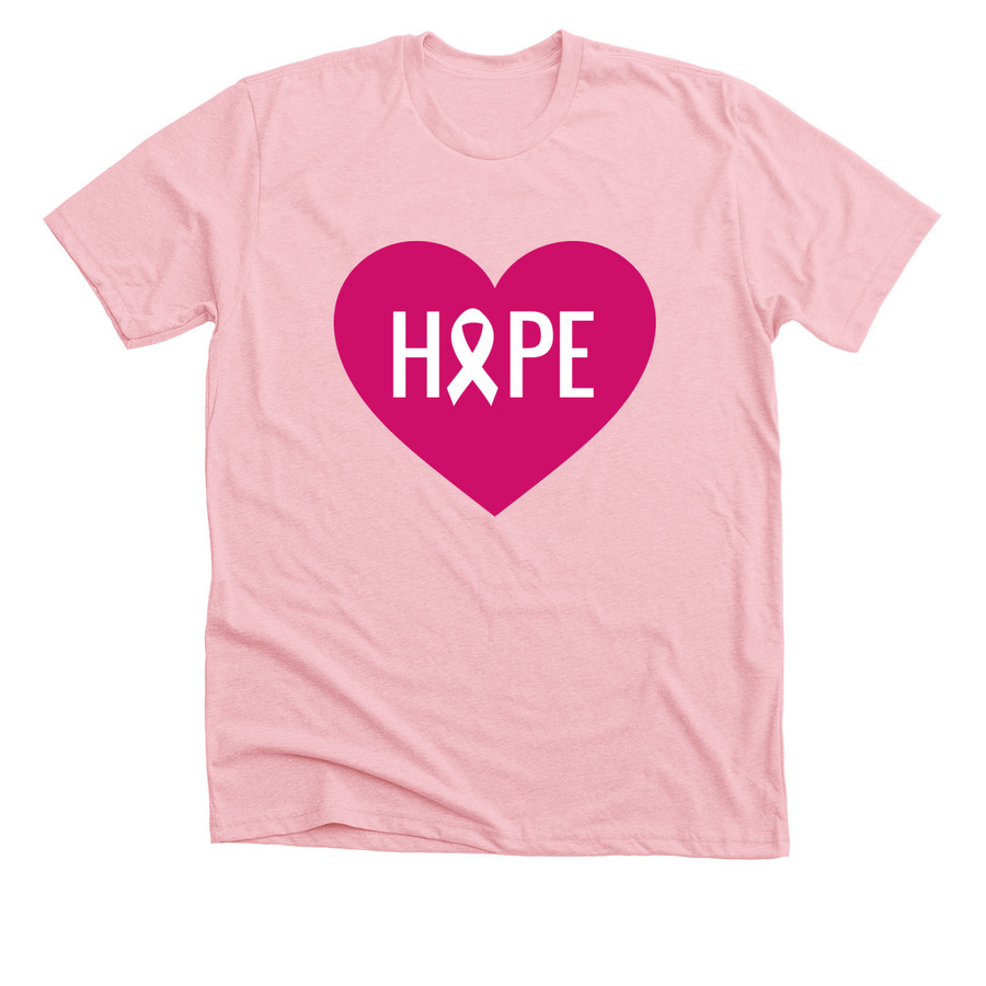 Light pink breast cancer awareness t-shirt design with text saying "hope" over a heart
