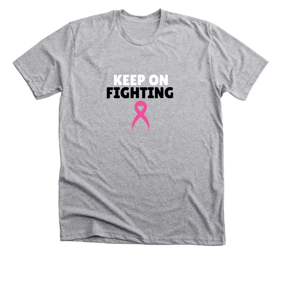 Grey breast cancer awareness t-shirt design with text saying "keep on fighting"