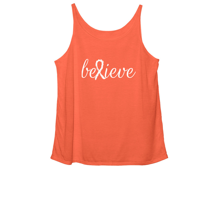 Coral breast cancer awareness slouchy tank design with text saying "believe"