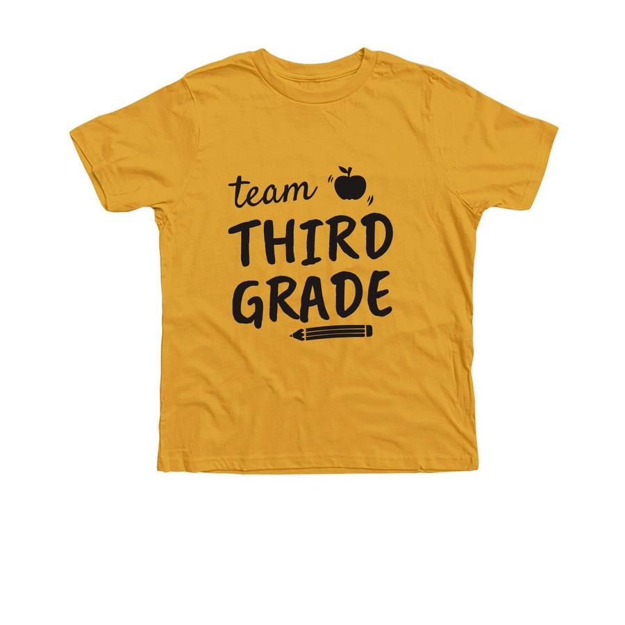 A gold back-to-school shirt that says, "Team third grade".